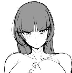 Rule 34 | 1girl, bare shoulders, blunt bangs, blush, breasts, closed mouth, collarbone, creatures (company), game freak, greyscale, gym leader, hand on own chest, hand up, highres, large breasts, long hair, looking at viewer, megao 3rd, monochrome, nintendo, pokemon, pokemon frlg, sabrina (pokemon), sketch, solo, sweat, v-shaped eyebrows