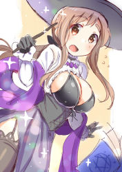 Rule 34 | 1girl, bat (animal), bat ornament, black bra, black gloves, blush, book, bra, breasts, brown eyes, brown hair, choker, cleavage, commentary request, frilled sleeves, frills, garter straps, gloves, hand up, hat, large breasts, lens flare, long hair, long sleeves, matsumoto yoriko, open mouth, simple background, skirt, solo, sparkle, standing, sweat, tatsunokosso, thick eyebrows, thighhighs, underwear, wand, witch, witch hat, yellow background, yuyushiki
