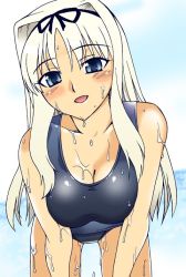 Rule 34 | 00s, blonde hair, blue eyes, blush, breasts, cleavage, hair ribbon, kusugawa sasara, large breasts, leaning forward, long hair, one-piece swimsuit, ribbon, solo, swimsuit, to heart (series), to heart 2, unagimaru, wet