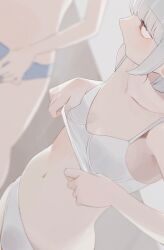 2girls blue_panties bra breasts brown_eyes collarbone dressing grey_hair hiroki_(yyqw7151) looking_to_the_side multiple_girls navel original panties short_hair small_breasts standing underwear white_bra white_panties