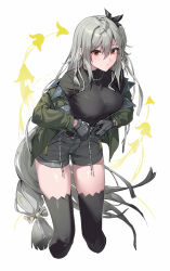 Rule 34 | 1girl, absurdres, arknights, black sweater, black thighhighs, closed mouth, commentary request, cropped legs, gloves, green jacket, grey gloves, grey hair, grey shorts, highres, jacket, jewelry, long hair, long sleeves, looking at viewer, necklace, off shoulder, official alternate costume, open clothes, open jacket, red eyes, shorts, simple background, skadi (arknights), skadi (the next afternoon tea) (arknights), solo, sweater, sweater tucked in, thighhighs, white background, zhoi star
