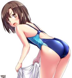 Rule 34 | 1girl, annoyed, ass, bare shoulders, bent over, blue one-piece swimsuit, blush, brown eyes, brown hair, commentary request, competition swimsuit, cowboy shot, from side, hair between eyes, highleg, highleg swimsuit, highres, holding, kitanaga, looking at viewer, one-piece swimsuit, open mouth, shirt, short hair, simple background, skindentation, solo, standing, swimsuit, thighs, tsuchimiya, ueno-san wa bukiyou, v-shaped eyebrows, white background, white shirt