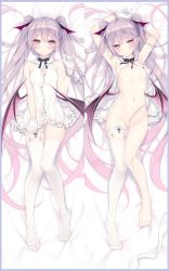 Rule 34 | 1girl, armpits, arms up, bare shoulders, bed sheet, bottomless, bow, bowtie, breasts, censored, censored nipples, dakimakura (medium), demon wings, dress shirt, eve-chan, feet, frown, full body, gloves, gluteal fold, gradient hair, grey hair, hair censor, highres, long hair, looking at viewer, lying, multicolored hair, multiple views, navel, no bra, no shoes, on back, original, purple eyes, rurudo, shirt, single thighhigh, skindentation, sleeveless, sleeveless shirt, small breasts, stomach, thigh strap, thighhighs, thighs, twintails, very long hair, white gloves, white shirt, white thighhighs, wings