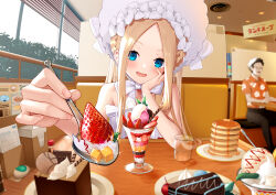 Rule 34 | 1boy, 1girl, abigail williams (fate), abigail williams (swimsuit foreigner) (fate), abigail williams (swimsuit foreigner) (third ascension) (fate), absurdres, bare shoulders, bikini, blonde hair, blue eyes, blurry, blush, bonnet, bow, breasts, cake, chocolate cake, depth of field, fate/grand order, fate (series), food, forehead, fruit, hair bow, highres, ice cream, incoming food, long hair, looking at viewer, open mouth, pancake, parfait, parted bangs, plate, pov, pov across table, shiro ami, sidelocks, small breasts, smile, solo focus, spoon, strawberry, swimsuit, table, twintails, very long hair, white bikini, white bow, white headwear, window