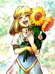Rule 34 | 1girl, :d, aged down, blush, bow, closed eyes, dress, flower, gensou suikoden, gensou suikoden iii, hair bow, ikunosake, jewelry, long hair, necklace, open mouth, sarah (suikoden iii), smile, solo, sunflower