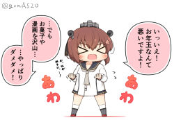 Rule 34 | &gt; &lt;, 1girl, anchor symbol, black sailor collar, brown eyes, brown hair, brown neckerchief, chibi, commentary request, dress, flower, flying sweatdrops, full body, goma (yoku yatta hou jane), hair flower, hair ornament, headset, kantai collection, neckerchief, open mouth, sailor collar, sailor dress, short hair, simple background, solo, speaking tube headset, standing, translation request, twitter username, wavy mouth, white background, yukikaze (kancolle), yukikaze kai ni (kancolle)