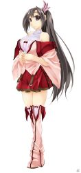Rule 34 | 1girl, atelier-moo, bare shoulders, black hair, boots, breasts, closed mouth, curtained hair, hair between eyes, hair ribbon, large breasts, lasting anthem, long hair, luna soma, red eyes, ribbon, side ponytail, skirt, smile, solo, standing, thighhighs, very long hair, zettai ryouiki