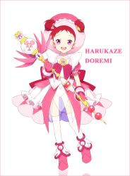 Rule 34 | 1girl, alternate costume, blush, boots, character name, dodo (ojamajo doremi), hakusai (tiahszld), harukaze doremi, hat, ojamajo doremi, open mouth, pink hat, red hair, smile, solo, staff, text focus, weapon