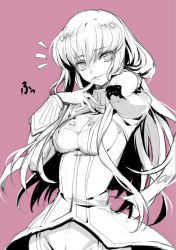 Rule 34 | 1girl, ^^^, arm behind head, arms up, c.c., code geass, cowboy shot, creayus, finger to mouth, impossible clothes, long hair, looking at viewer, monochrome, pink background, simple background, sketch, smile, solo, standing