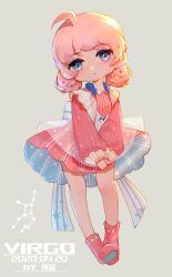 Rule 34 | 1girl, :&lt;, ahoge, ankle boots, artist name, back bow, blue eyes, boots, bow, chibi, dated, dress, full body, head tilt, highres, looking at viewer, low twintails, original, own hands together, pink dress, pink footwear, pink hair, solo, standing, star (symbol), star print, striped clothes, striped dress, twintails, vertical-striped clothes, vertical-striped dress, virgo (constellation), virgo (zodiac), white bow, yi er san, zodiac