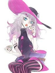 Rule 34 | 1girl, arm strap, black hat, black shirt, blue eyes, blue nails, bracelet, colored tips, eating, feet out of frame, flat chest, food, food on face, grey hair, hands up, hat, head tilt, highres, holding, holding food, ikuhana niiro, indie virtual youtuber, invisible chair, jewelry, kasukabe tsukushi, long hair, looking at viewer, multicolored hair, open mouth, pendant, pink hair, pink hat, pink thighhighs, purple shorts, safety pin, shirt, short shorts, shorts, simple background, sitting, sleeveless, sleeveless shirt, solo, striped clothes, striped thighhighs, thighhighs, turtleneck, turtleneck shirt, two-tone hat, white background, wide brim