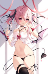 Rule 34 | 1girl, bat wings, black panties, black ribbon, black thighhighs, black wings, breasts, commentary request, demon girl, demon tail, hair between eyes, hair ribbon, highres, light smile, looking at viewer, medium breasts, miy@, navel, open mouth, original, panties, pink eyes, pink hair, red ribbon, ribbon, short hair, single thighhigh, solo, standing, stomach, tail, thighhighs, two side up, underwear, wings