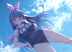 Rule 34 | 1girl, alternate costume, alternate hairstyle, armband, bare legs, blue hair, blue sky, blue one-piece swimsuit, breasts, cloud, cosplay, dated, day, finger to mouth, from below, gluteal fold, grin, hair ribbon, hand on own hip, i-19 (kancolle), i-26 (kancolle), i-26 (kancolle) (cosplay), kantai collection, long hair, looking at viewer, name tag, one-piece swimsuit, outdoors, red eyes, ribbon, satsuki neko, school swimsuit, sky, smile, solo, swimsuit
