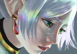 Rule 34 | 1girl, absurdres, chihirokrakauer, close-up, crying, crying with eyes open, dangle earrings, earrings, elf, frieren, green eyes, highres, jewelry, lips, pointy ears, portrait, solo, sousou no frieren, tears, white hair