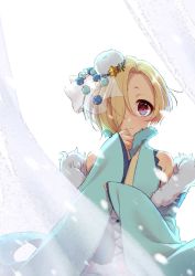 Rule 34 | 1girl, bare shoulders, blonde hair, blush, commentary request, curtains, detached sleeves, fur trim, hair over one eye, hako (gyhujikolp), hat, highres, idolmaster, idolmaster cinderella girls, japanese clothes, kimono, looking at viewer, mini hat, pom pom (clothes), red eyes, shirasaka koume, short hair, simple background, sleeveless, sleeveless kimono, sleeves past wrists, solo, star (symbol), upper body, white background, wide sleeves
