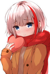 Rule 34 | 1girl, 3:, admiral graf spee (azur lane), azur lane, blue eyes, blush, box, brown coat, coat, commentary request, heart-shaped box, highres, holding, holding box, long sleeves, looking at viewer, multicolored hair, red scarf, ryou (ryo 217cafe), scarf, short hair, sidelocks, simple background, sleeve cuffs, solo, streaked hair, sweatdrop, upper body, valentine, white background, white hair