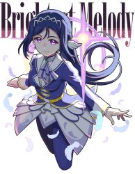 Rule 34 | 1girl, blue hair, breasts, brightest melody, commentary, earrings, english text, feathers, jewelry, long hair, long sleeves, looking at viewer, love live!, love live! sunshine!!, low ponytail, matsuura kanan, medium breasts, pants, ponytail, purple eyes, sidelocks, smile, solo, transparent background, waste-man, white background, wing hair ornament