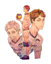 Rule 34 | 3boys, absurdres, aged up, bad id, bad twitter id, ball, black hair, brown hair, grey hair, grin, haikyuu!!, hand in pocket, highres, holding, holding ball, hoshiumi kourai, jacket, kageyama tobio, looking at viewer, male focus, multiple boys, outline, parted lips, profile, shiraumi8351, shoes, simple background, smile, sneakers, sportswear, standing, teeth, ushijima wakatoshi, volleyball uniform