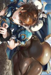 Rule 34 | 1girl, absurdres, all fours, ass, bracelet, brown hair, capcom, china dress, chinese clothes, chun-li, double bun, dress, earrings, eyeshadow, hair bun, highres, huge ass, jewelry, makeup, muscular, muscular female, noblood (ryandomonica), pantyhose, pelvic curtain, solo, spiked bracelet, spikes, split, street fighter, swept bangs, thick thighs, thighs, wide hips