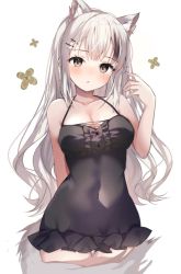 Rule 34 | 1girl, animal ear fluff, animal ears, black dress, blush, bonono, breasts, cat ears, cat girl, cat tail, cleavage, closed mouth, dress, grey eyes, highres, large breasts, long hair, looking at viewer, navel, original, revision, sleeveless, sleeveless dress, solo, tail, white background, white hair