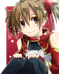 Rule 34 | 10s, 1girl, black thighhighs, brown hair, fingerless gloves, gloves, hair ribbon, keita (tundereyuina), looking at viewer, red eyes, ribbon, short twintails, silica, sitting, smile, solo, sword art online, thighhighs, twintails