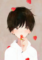Rule 34 | 1boy, androgynous, black hair, brown eyes, drawstring, food, fruit, holding, holding food, holding fruit, hood, hooded jacket, jacket, light brown background, long sleeves, looking to the side, male focus, nakamura hinata, open mouth, original, solo, strawberry, upper body, white jacket