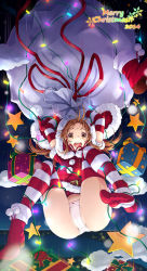 Rule 34 | 10s, 1girl, 2014, ankle boots, arms up, boots, box, brown eyes, brown hair, christmas lights, cloud, elbow gloves, falling, fur boots, fur trim, gift, gift box, gloves, gogatsu no renkyuu, long hair, looking at viewer, merry christmas, open mouth, original, panties, red footwear, sack, santa boots, santa costume, shoes, single boot, single shoe, solo, star (symbol), striped clothes, striped gloves, striped thighhighs, tears, thighhighs, underwear, unworn boot, unworn boots, white panties