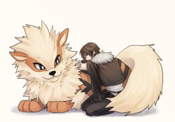 Rule 34 | 1boy, arcanine, arm out of sleeve, belt, black belt, black gloves, black jacket, blue eyes, bright pupils, brown hair, commentary request, creatures (company), cropped jacket, crossed arms, crossover, dated, dog, final fantasy, final fantasy viii, full body, fur-trimmed jacket, fur trim, game freak, gen 1 pokemon, gloves, hiryuu (kana h), jacket, kneeling, leaning forward, looking back, lying, male focus, multiple belts, nintendo, on stomach, pokemon, pokemon (creature), scar, scar on face, shadow, shirt, short hair, signature, simple background, squall leonhart, striped, thigh strap, white shirt, yellow background, yellow fur