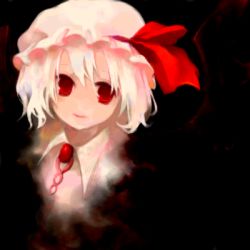 Rule 34 | 1girl, bad id, bad pixiv id, female focus, hat, lowres, pink hat, red eyes, remilia scarlet, ribbon, rin (artist), rin (royal), short hair, solo, touhou, white hat