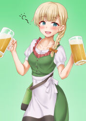 Rule 34 | 1girl, alcohol, anti (untea9), apron, beer, beer mug, blonde hair, blush, braid, collarbone, cup, dress, drunk, european clothes, green dress, highres, holding, holding cup, kantai collection, long hair, mug, official alternate costume, open mouth, puffy short sleeves, puffy sleeves, shin&#039;you (kancolle), short sleeves, single braid, smile, solo, squeans, white apron