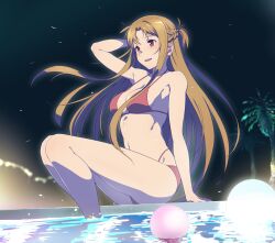 Rule 34 | 1girl, alternate costume, arm up, asuna (sao), bikini, braid, breasts, brown eyes, brown hair, commentary request, female focus, floating hair, french braid, long hair, medium breasts, navel, night, night sky, open mouth, outdoors, palm tree, partially submerged, pool, puge, red bikini, short ponytail, sky, smile, solo, swimsuit, sword art online, tree, very long hair