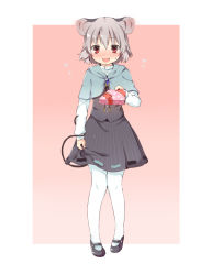 Rule 34 | 1girl, akagashi hagane, animal ears, bad id, bad pixiv id, blush, box, capelet, embarrassed, full body, gift, gift box, gradient background, grey hair, jewelry, long sleeves, mary janes, mouse ears, mouse tail, nazrin, open mouth, pantyhose, pink background, red eyes, shirt, shoes, short hair, simple background, skirt, skirt hold, skirt set, smile, solo, sweatdrop, tail, touhou, valentine, vest, white pantyhose