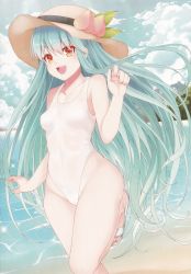 Rule 34 | 1girl, :d, absurdres, bare shoulders, beach, blue hair, blue sky, blush, breasts, cloud, collarbone, covered navel, day, fingernails, food, fruit, hair between eyes, hat, highleg, highleg swimsuit, highres, hinanawi tenshi, leaf, long hair, looking at viewer, mikoma sanagi, nail polish, non-web source, ocean, one-piece swimsuit, open mouth, outdoors, peach, red eyes, sand, sandals, scan, sky, small breasts, smile, solo, swimsuit, teeth, toenail polish, toenails, toes, touhou, upper teeth only, water, white one-piece swimsuit