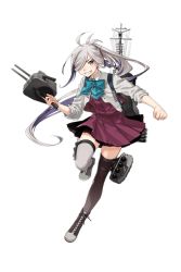 Rule 34 | 1girl, adapted turret, ahoge, asashimo (kancolle), asashimo kai ni (kancolle), asymmetrical legwear, blazer, boots, bow, bowtie, brown thighhighs, cannon, cross-laced footwear, full body, grey eyes, grey hair, grey thighhighs, grin, hair over one eye, jacket, kantai collection, lace-up boots, long hair, looking at viewer, machinery, mast, mismatched legwear, official art, ponytail, school uniform, sharp teeth, sleeves rolled up, smile, solo, teeth, thighhighs, transparent background, turret