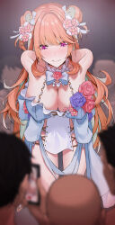 Rule 34 | 1girl, 3boys, absurdres, bent over, breasts, cleavage, commission, double bun, flower, fukuiii0110, hair bun, hair flower, hair ornament, highres, hololive, hololive english, large breasts, long hair, multiple boys, official alternate costume, orange hair, purple eyes, rose, skeb commission, solo focus, sweat, takanashi kiara, virtual youtuber