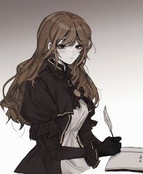 Rule 34 | 1girl, ascot, black gloves, brooch, brown ascot, brown dress, brown eyes, brown hair, brown jacket, catherine (project moon), chanil (muexlku), cropped jacket, diary, dress, gloves, highres, jacket, jewelry, juliet sleeves, limbus company, long hair, long sleeves, necklace, project moon, puffy sleeves, quill, simple background, sitting, solo, writing