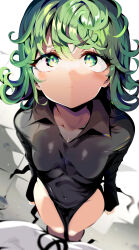 Rule 34 | 1girl, aloe (kenkou3733), black dress, breasts, closed mouth, collarbone, covered navel, dress, green eyes, green hair, highres, long sleeves, looking up, one-punch man, small breasts, solo, tatsumaki, thighs