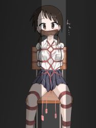 Rule 34 | 1girl, bdsm, blue skirt, blush, bondage, bound, bra, breasts, brown eyes, brown hair, chair, cleavage, collarbone, controller, crack of light, crotch rope, dark, female focus, gag, gagged, grey background, hair tie, highres, improvised gag, indoors, japanese text, looking at viewer, matching hair/eyes, miniskirt, original, pink bra, pleated skirt, remote control, remote control vibrator, rope, school uniform, sex toy, shibari, shibari over clothes, shirt, short sleeves, sitting, skirt, small breasts, solo, straight-on, striped bra, striped clothes, tape, tape gag, tawasiupa, twintails, underwear, vibrator, vibrator cord, vibrator under clothes, white shirt