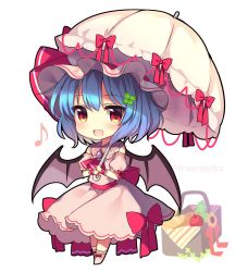 Rule 34 | 1girl, :d, apple, ascot, back bow, basket, bat wings, blue hair, blush, bow, bread, breasts, cake, chibi, clover hair ornament, commentary request, dot nose, dress bow, eyelashes, fang, food, fruit, full body, gem, hair ornament, hat, hat ribbon, holding, holding umbrella, looking at viewer, mob cap, musical note, open mouth, parasol, picnic basket, purple gemstone, red ascot, red bow, red eyes, red ribbon, remilia scarlet, ribbon, ruhika, shoes, short hair, simple background, smile, solo, standing, touhou, twitter username, umbrella, umbrella bow, white background, white footwear, wings