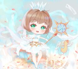 Rule 34 | 1girl, angel wings, blue headwear, brown hair, cardcaptor sakura, colored eyelashes, commentary, crown, dress, english commentary, feathers, floating card, gloves, green eyes, high heels, highres, holding, holding staff, ice, kero, kikkidream, kinomoto sakura, light blush, looking at viewer, magic circle, magical girl, open mouth, outstretched arms, petals, short dress, short hair, short sleeves, smile, solo focus, staff, teeth, upper teeth only, white dress, white footwear, white gloves, white wings, wings