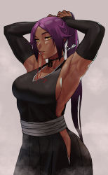 Rule 34 | 1girl, alternate hair length, alternate hairstyle, armpits, arms behind head, bleach, breasts, choker, dark-skinned female, dark skin, detached sleeves, gud0c, highres, large breasts, long hair, mouth hold, muscular, muscular female, ribbon, ribbon in mouth, shihouin yoruichi, sideboob, solo, sweat, tying hair
