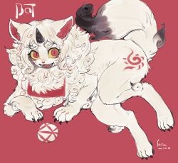 Rule 34 | 1boy, artist name, ball, black horns, body fur, claws, colored sclera, commentary request, facial mark, full body, furry, furry male, horns, komainu, komainu boy, komainu ears, komainu tail, looking at viewer, male focus, mane, open mouth, original, red background, red eyes, sasamino (onikunakaji), sharp teeth, simple background, single horn, slit pupils, solo, teeth, temari ball, thick eyebrows, white fur, yellow sclera