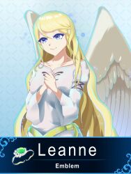Rule 34 | 1girl, alternate eye color, angel wings, blonde hair, commission, commissioner upload, dress, english text, feathered wings, fire emblem, fire emblem: path of radiance, fire emblem: radiant dawn, fire emblem engage, grey eyes, hair between eyes, highres, keldancon, leanne (fire emblem), long hair, nintendo, own hands clasped, own hands together, smile, solo focus, white dress, white wings, wings