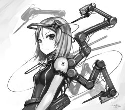 Rule 34 | 1girl, barcode, barcode tattoo, gia, greyscale, mechanical arms, monochrome, original, short hair, simple background, single mechanical arm, solo, tattoo