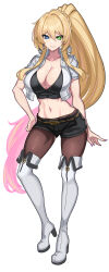 Rule 34 | 1girl, absurdres, black shirt, black shorts, blonde hair, blue eyes, boots, breasts, brown pantyhose, cleavage, commentary, crop top, cropped jacket, english commentary, full body, green eyes, heterochromia, high heel boots, high heels, highres, jacket, large breasts, long hair, looking at viewer, midriff, navel, nez-box, open clothes, open jacket, original, pantyhose, ponytail, shirt, short shorts, short sleeves, shorts, simple background, smile, solo, standing, stomach, thigh boots, thighs, very long hair, white background, white footwear, white jacket