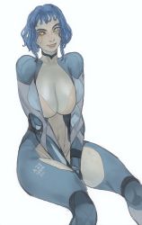 Rule 34 | 1girl, absurdres, blue bodysuit, blue eyes, blue hair, blue skin, bodysuit, breasts, cleavage, colored skin, head tilt, highres, invisible chair, large breasts, looking at viewer, mossacannibalis, navel, original, short hair, simple background, sitting, smile, solo, white background