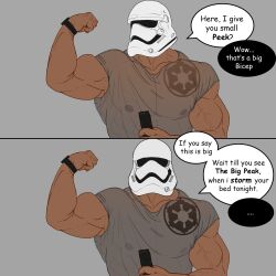 Rule 34 | 1boy, bara, biceps, dark skin, flexing, grey background, helmet, highres, leograndoa, looking at viewer, male focus, manly, mature male, muscular, muscular male, nipples, pectorals, protein bar, see-through, shirt, simple background, speech bubble, star wars, stormtrooper, thick arms, upper body, veins, watch, wristwatch