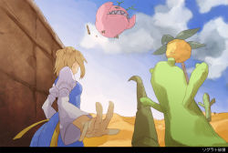 Rule 34 | 1girl, arch bishop (ragnarok online), blonde hair, blue dress, brick wall, cactus, choukichi, clenched teeth, cloud, cloudy sky, commentary request, cowboy shot, desert, double bun, dress, from behind, full body, green eyes, hair bun, horns, in-universe location, juliet sleeves, jumping, long sleeves, looking at another, looking at viewer, looking down, monster, palm tree, phreeoni, puffy sleeves, ragnarok online, short hair, sky, standing, teeth, translated, tree, two-tone dress, white dress, wide sleeves