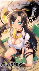 Rule 34 | 1girl, black hair, blue eyes, breasts, chain, cleavage, closers, collarbone, ecell, fingerless gloves, gloves, gun, hair ornament, hairclip, handgun, large breasts, light smile, long hair, looking at viewer, mouth hold, pistol, shotgun, sitting, solo, thighs, very long hair, weapon, yuri seo