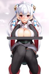 Rule 34 | 1girl, black thighhighs, blush, breasts, cleavage, eto, highres, large breasts, long hair, looking at viewer, matoi (pso2), mikoto cluster, phantasy star, phantasy star online 2, red eyes, sitting, smile, solo, thighhighs, white hair